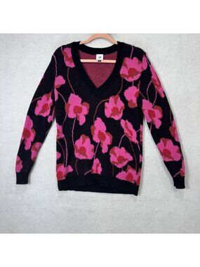 Cabi Sweater Womens XS Black Pink Floral V Neck Long Sleeve Knit Pullover